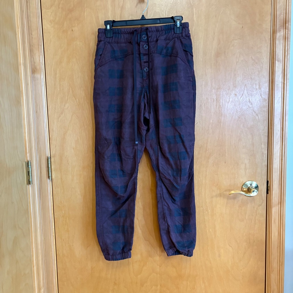 Anthropologie Plaid Button Fly Jogger Pants Womens XS‎ Purple Black Linen Blend